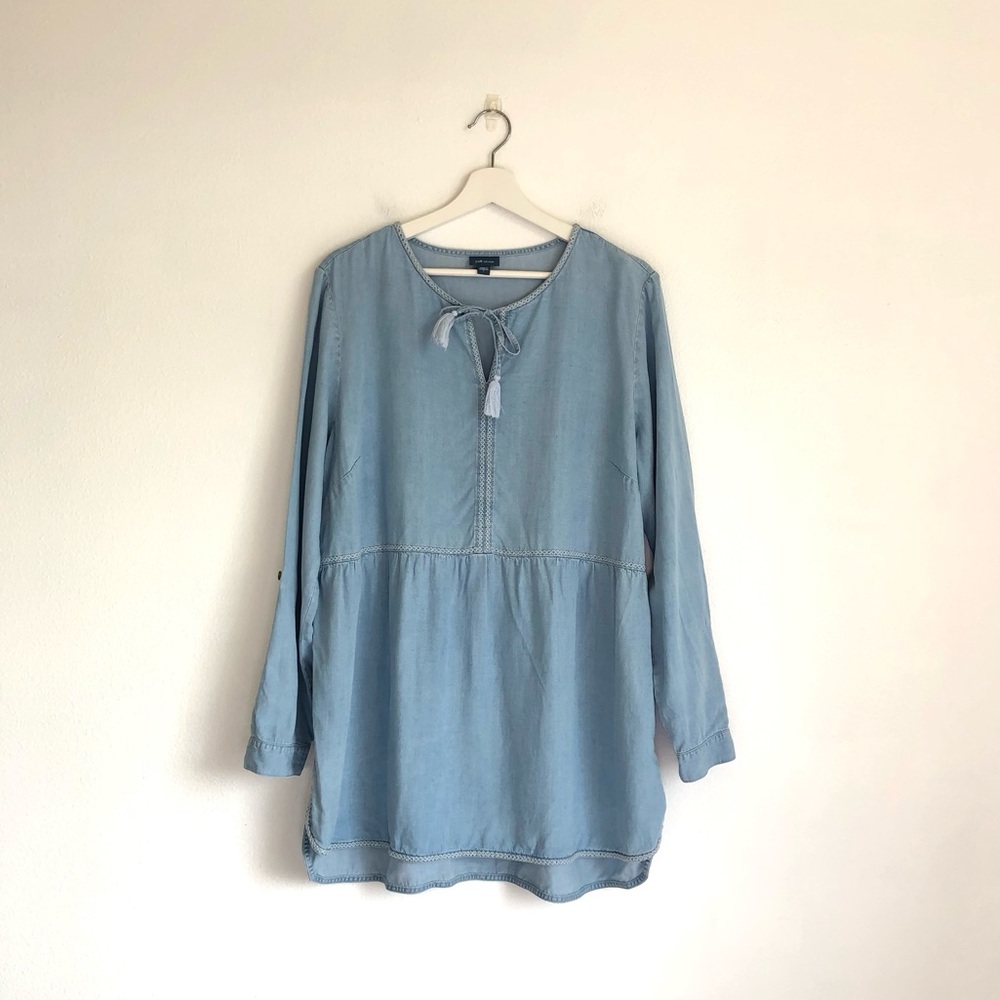 J. Jill Denim Chambray Blue White Stitch Long Sleeve Tunic Top Size Large